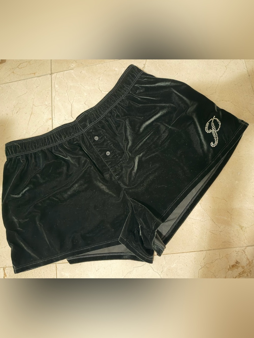 Victoria's Secret PINK black velvet shorts with rhinestone logo